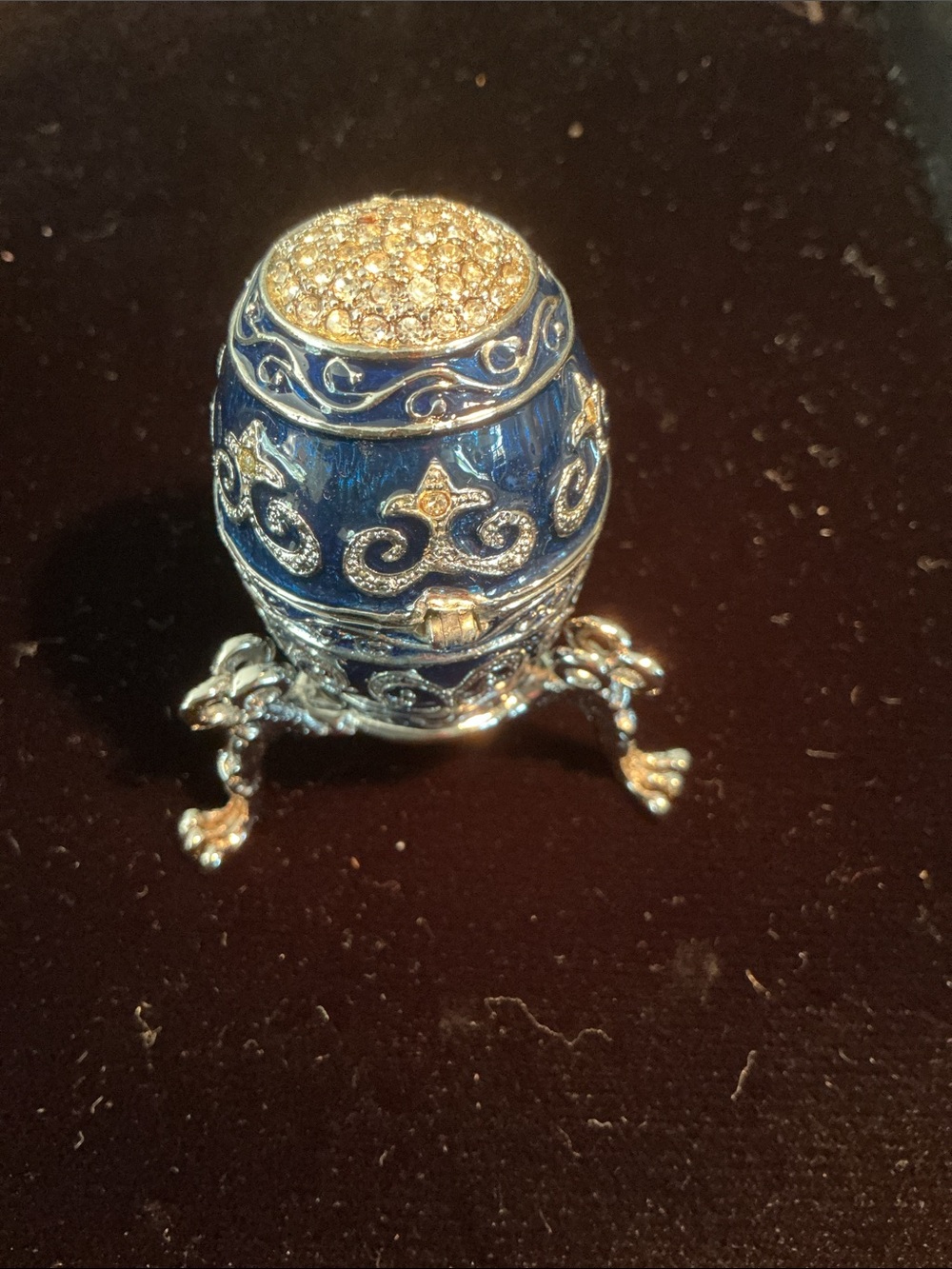 Blue Enamel Decorative Egg Trinket Box with Silver Filigree